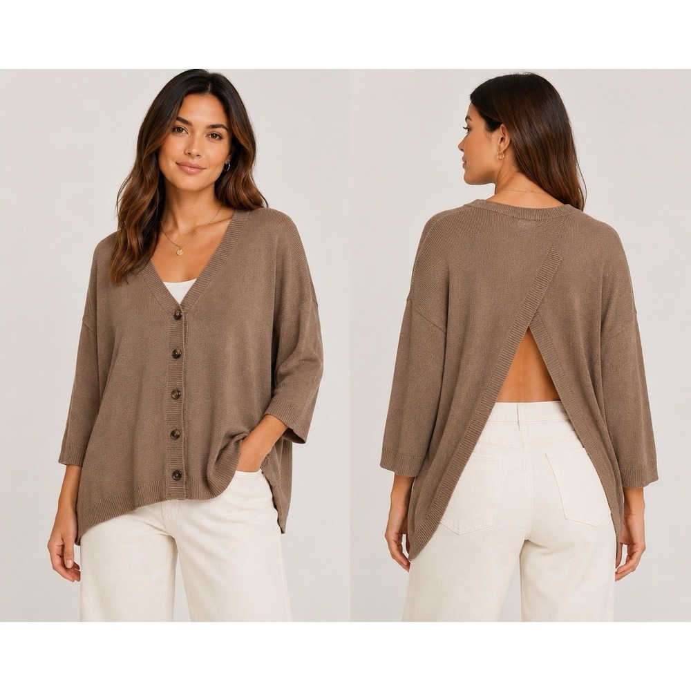 Theory Open Back Cardigan Sweater S/P Taupe Relaxed Oversized Viscose Blend
